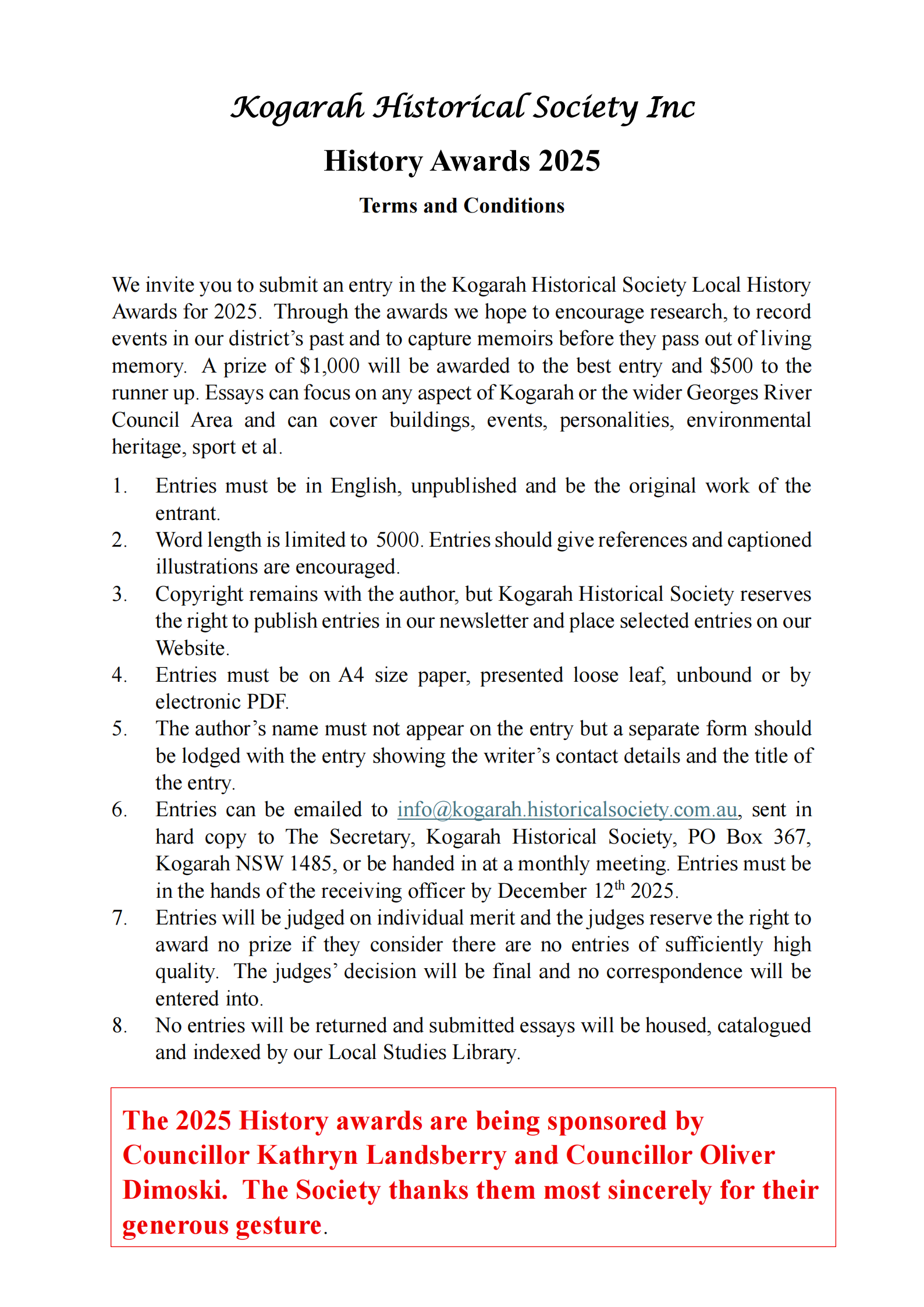 History Prize Conditions